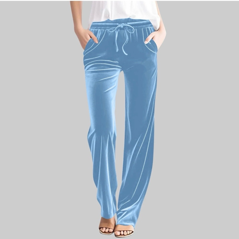Light Blue Velvet Drawstring Lounge Pants for Women